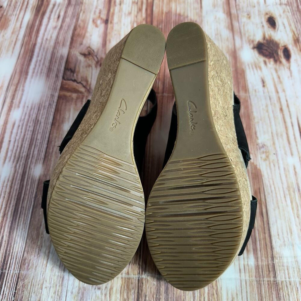 Clarks ANNADEL IVORY Size 8 Black Suede Cork Wedge Heel Sandals Open Toe Shoes - Picture 8 of 10